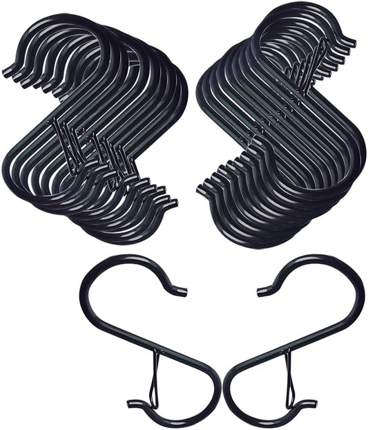15 Pack S Hooks for Things Hanging, 3.5 inch Heavy Duty Metal S Hooks with Safety Buckle, S Shaped Hooks Pot Rack Closet Hooks for Hanging Plants, Kitchen Utensil, Pot, Pans, Garden Tools (Black)