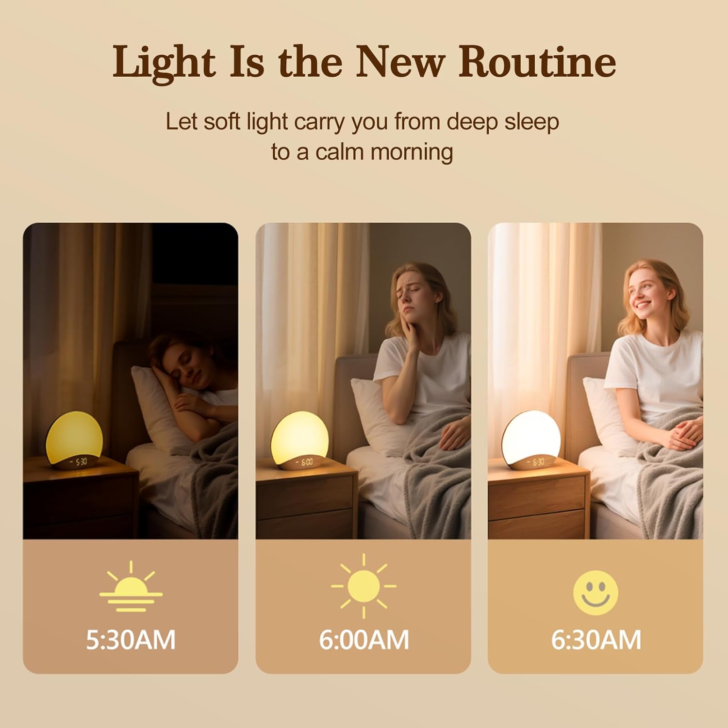 REACHER Wood Grain Sunrise Alarm Clock and Sound Machine Nightlight, D