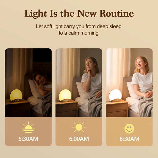 REACHER Wood Grain Sunrise Alarm Clock and Sound Machine Nightlight, D