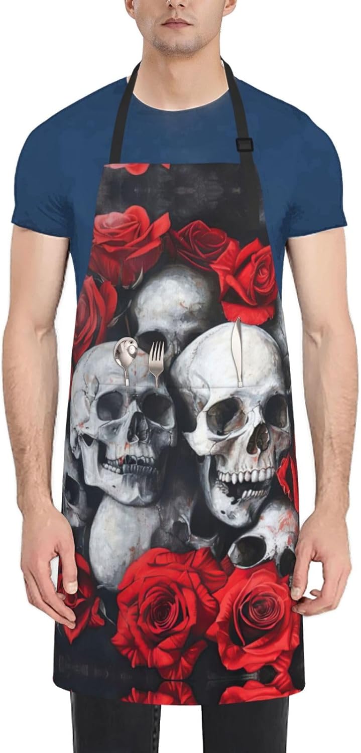 Skull and Red Rose print Waterproof chef's apron with pocket apron for