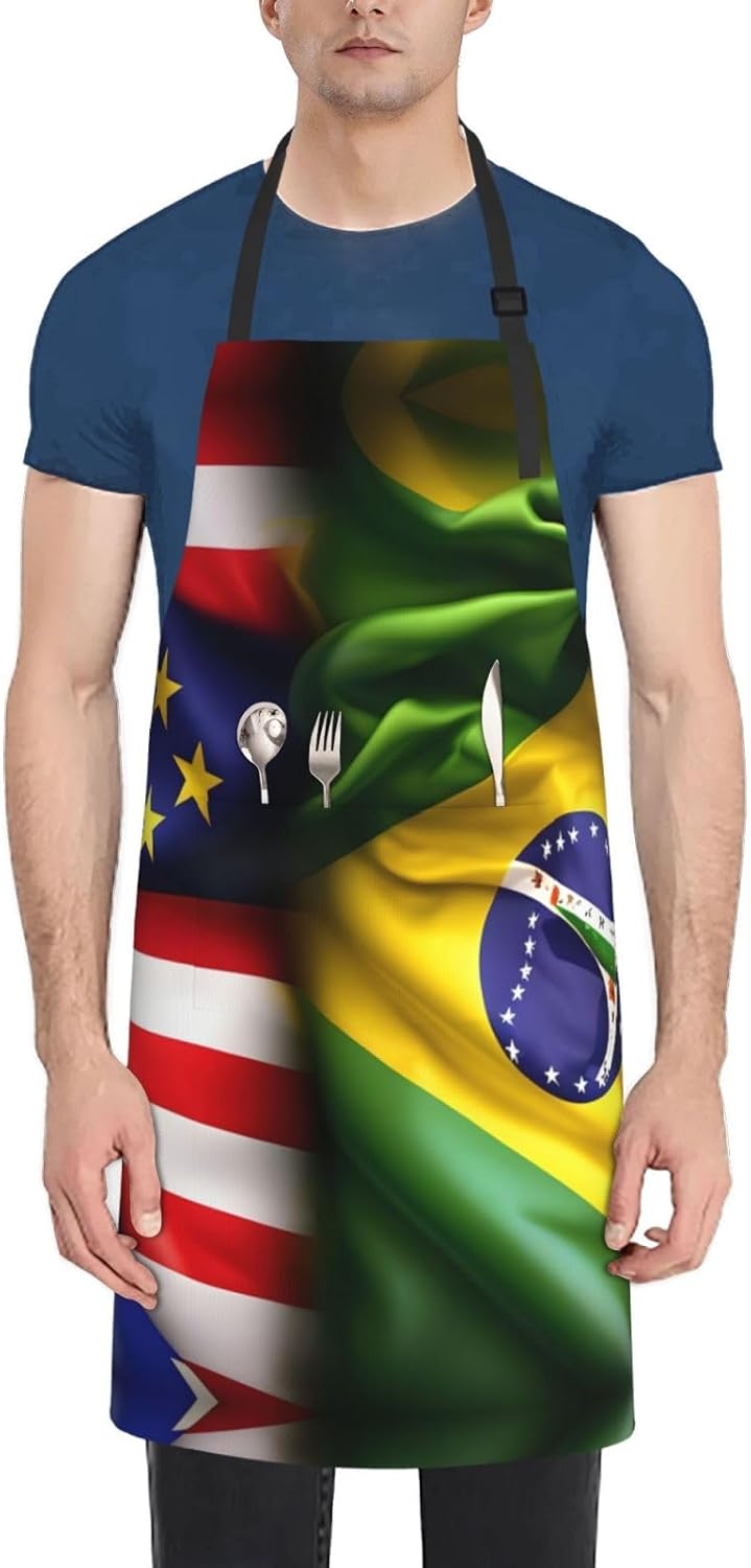 American and Brazilian Flags Print Laundry apron 28x33 In Waterproof Kitchen Apron with Pockets for Cooking Baking