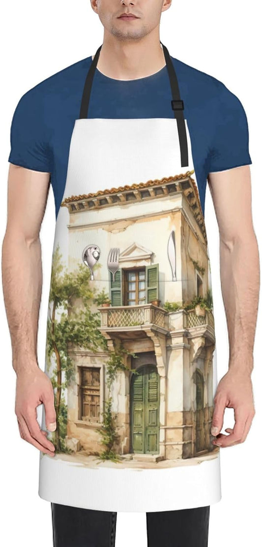 Antique Building with Roman Olive Branch and Greek print Waterproof chef's apron with pocket apron for kitchen cooking baking barbecue and gardening