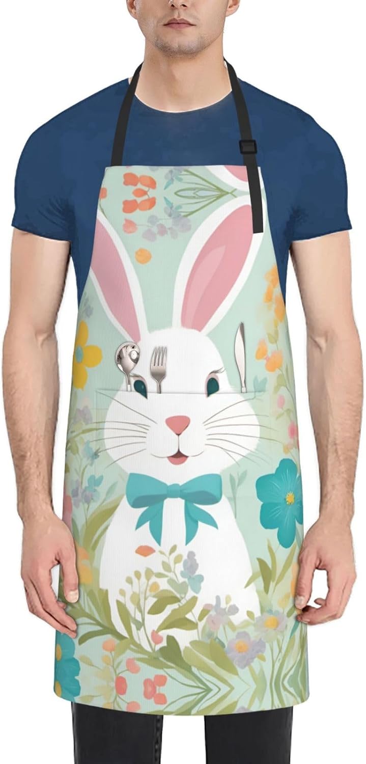 Easter Bunny Floral Print 28 x 33in Waterproof Apron with Pockets Fashionable Versatile Smock for Baking