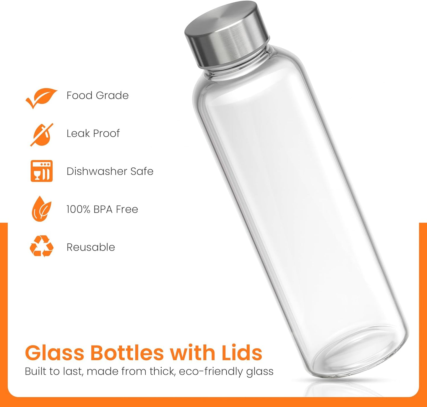 Epica Clear Glass Bottles with Lids, 18oz Resuable Glass Water Bottles