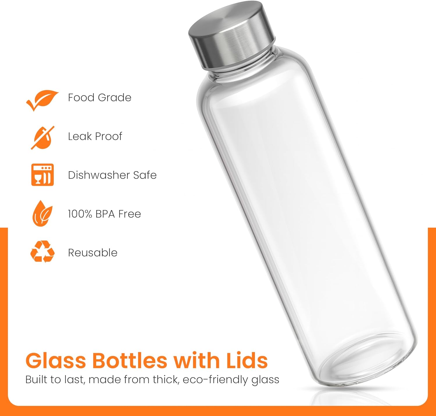 Epica Clear Glass Bottles with Lids, 18oz Resuable Glass Water Bottles