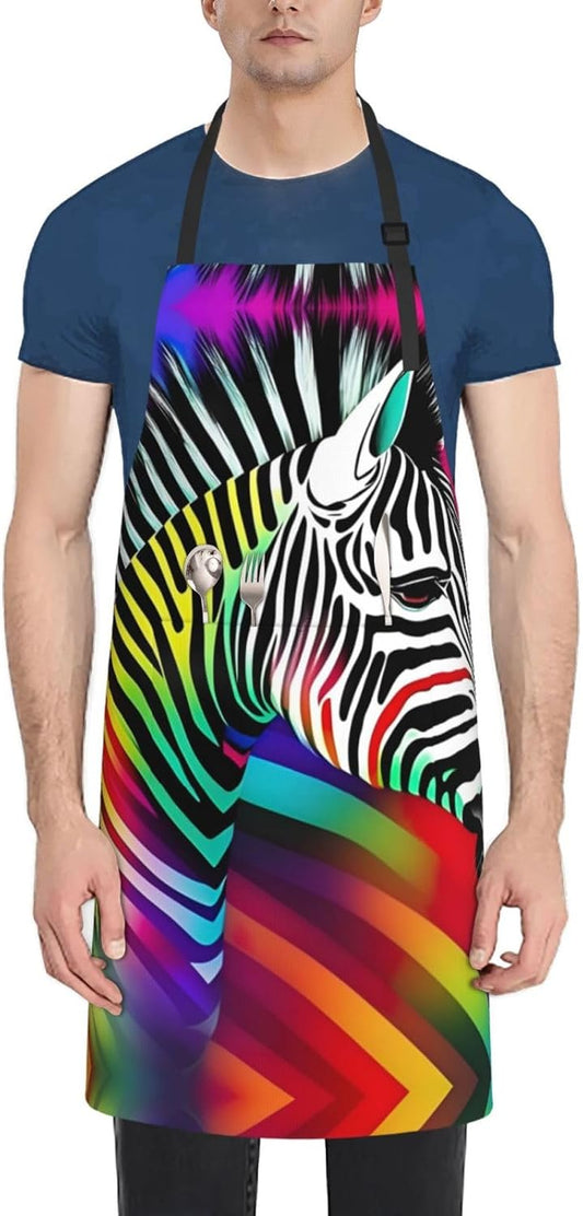 Colorful Rainbow Zebra print Waterproof chef's apron with pocket apron for kitchen cooking baking barbecue and gardening