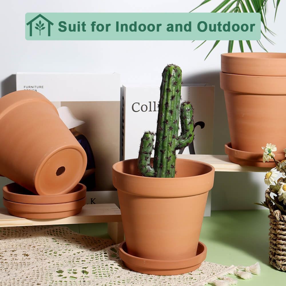 vensovo 6 Inch Terracotta & Clay Pots for Plant with Saucer - 4 Pack M