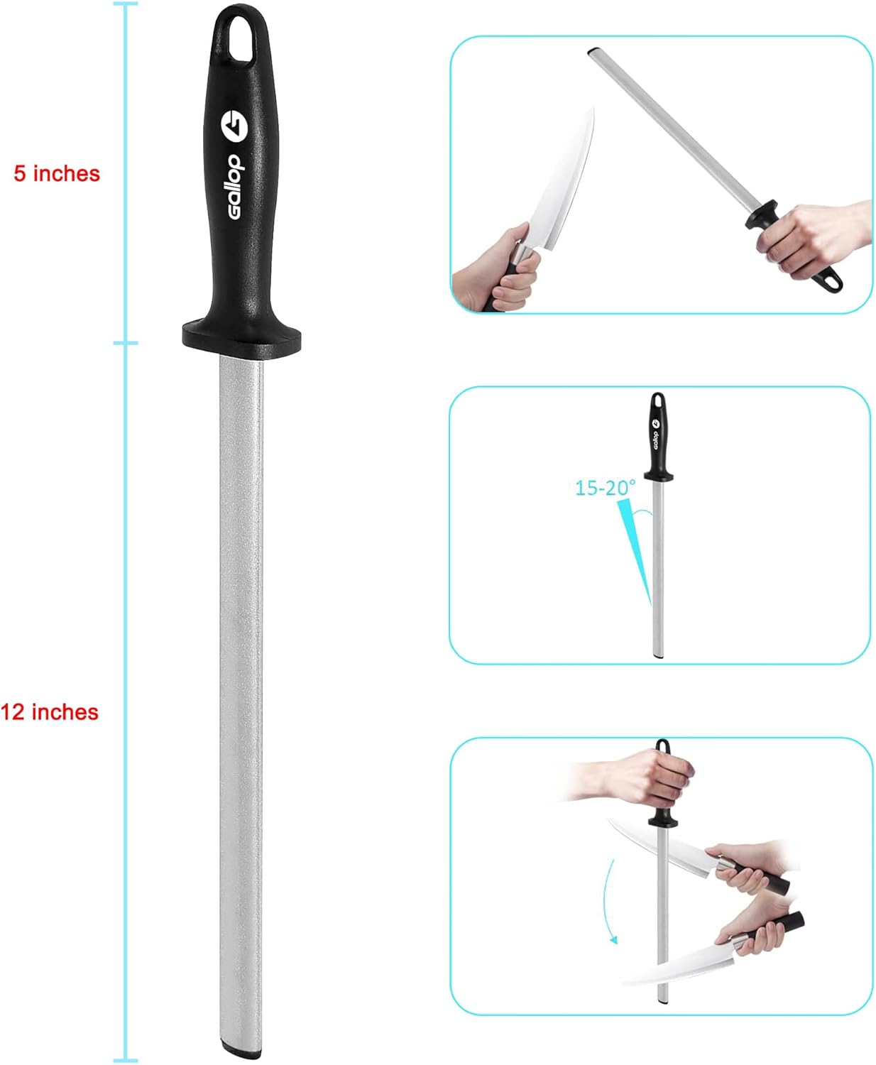 12 Inch Diamond Honing Steel,Knife Sharpener Rod,For Sharpening Kitchen Knife, Cooking Knives, Butcher's Knives, Home Gourmet Blades, Garden Tools Sharpening Stick
