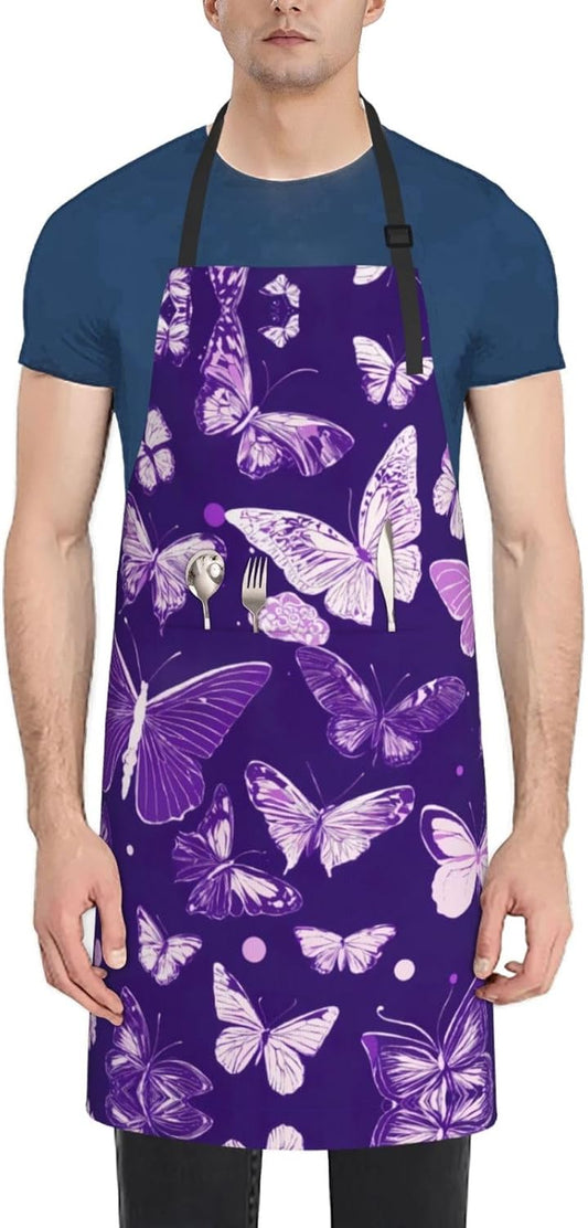 Purple Butterflies Floral print Waterproof chef's apron with pocket apron for kitchen cooking baking barbecue and gardening