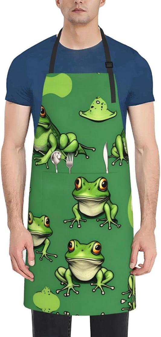Funny Green Frogs print Waterproof chef's apron with pocket apron for kitchen cooking baking barbecue and gardening