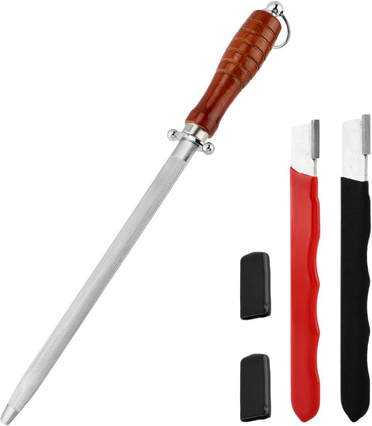 Professional Knife Sharpener Steel Rod Set, 10 inch Honing Rod with No