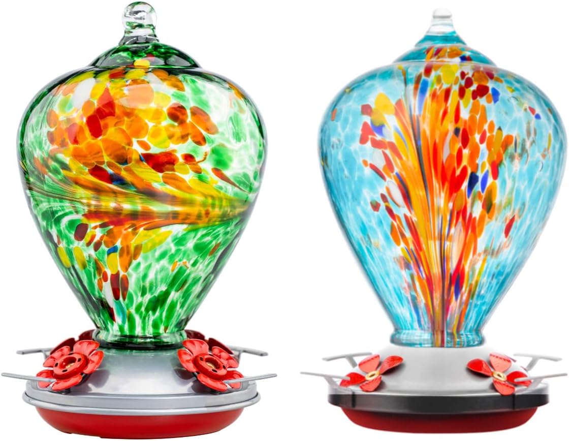 Muse Garden Gifts for Women Glass Hummingbird Feeder for Outdoors Hanging, Birthday Mother‘s Day Christmas Valentine Hummingbird Gifts for Women Mom, Ant Moat Included, 2 Pack, Peacock and Comet