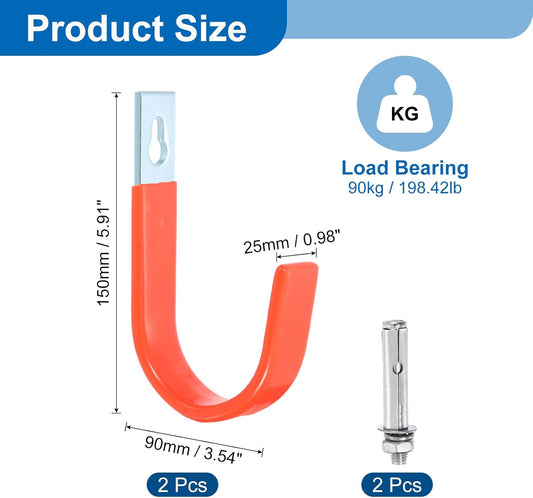 uxcell 2 Pcs 5.91x3.54 Inch Garage Hanging Hooks, Heavy Duty Utility J Hooks, Wall Mount Hooks, Tool Hangers for Garage, Garden, Tools Storage, Orange