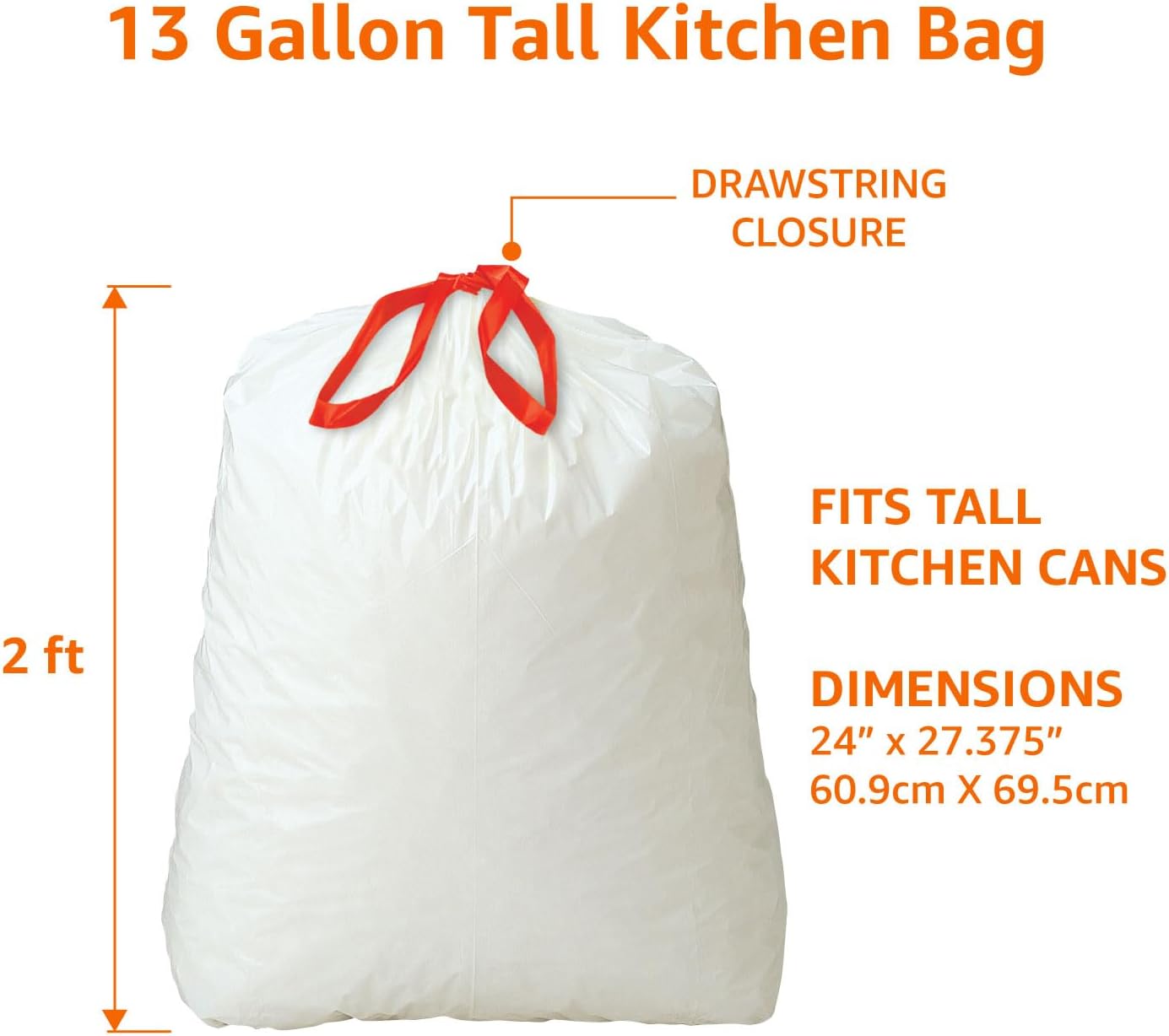Amazon Basics 13 Gallon Tall Kitchen Drawstring Trash Bags, White with