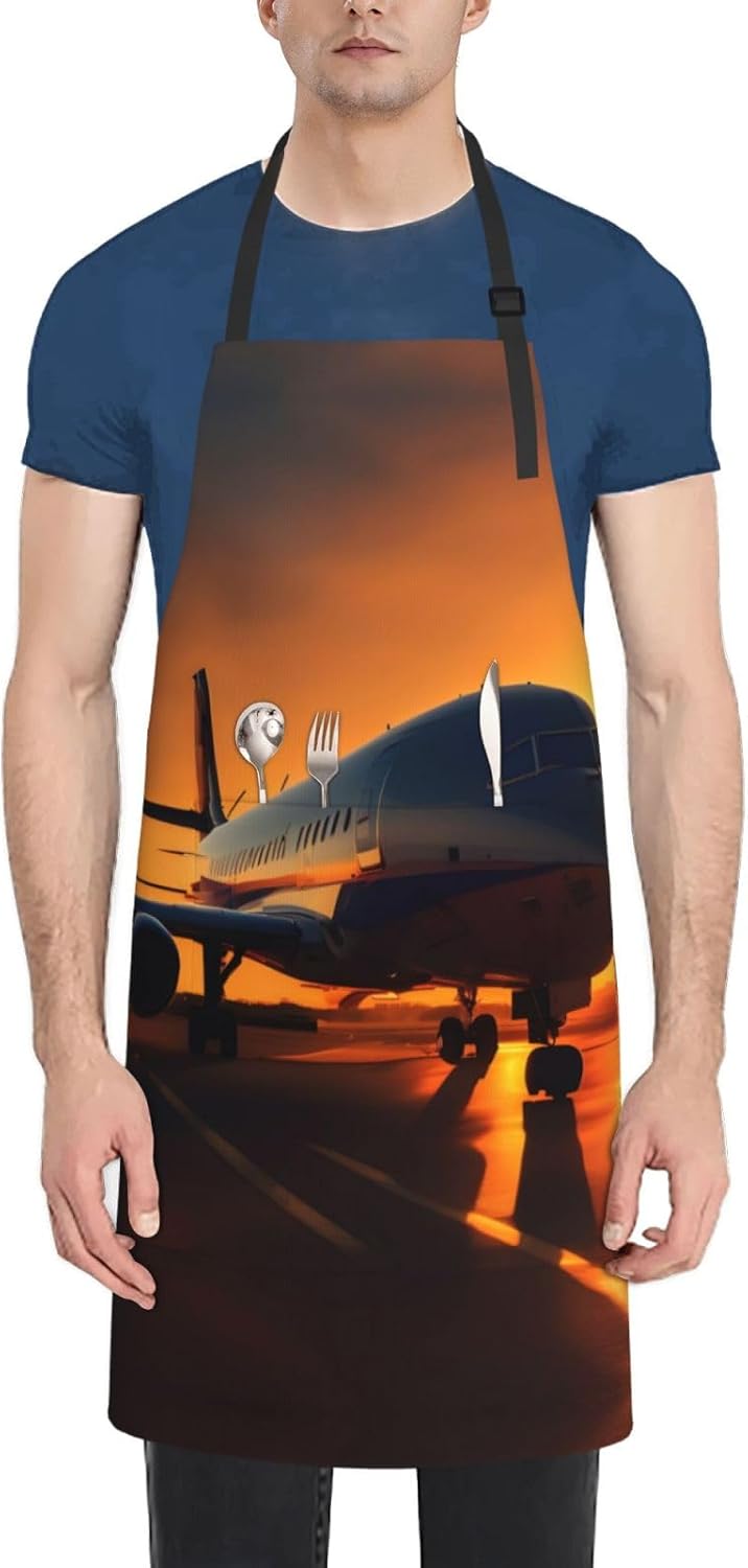 airplane at sunset Print Laundry apron 28x33 In Waterproof Kitchen Apron with Pockets for Cooking Baking