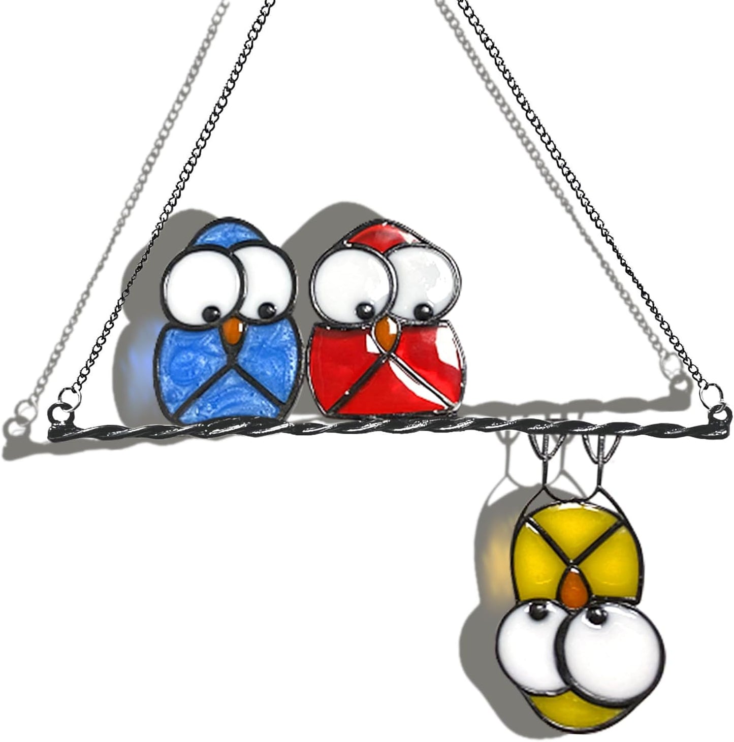 Stained Glass Birds Window Hangings, Multicolor 3 Owls Double-Side Stained Glass Hummingbird Decorations,Bird Suncatcher for Window Home Garden Decor Hummingbird Gifts for Bird Lovers (Yellow)