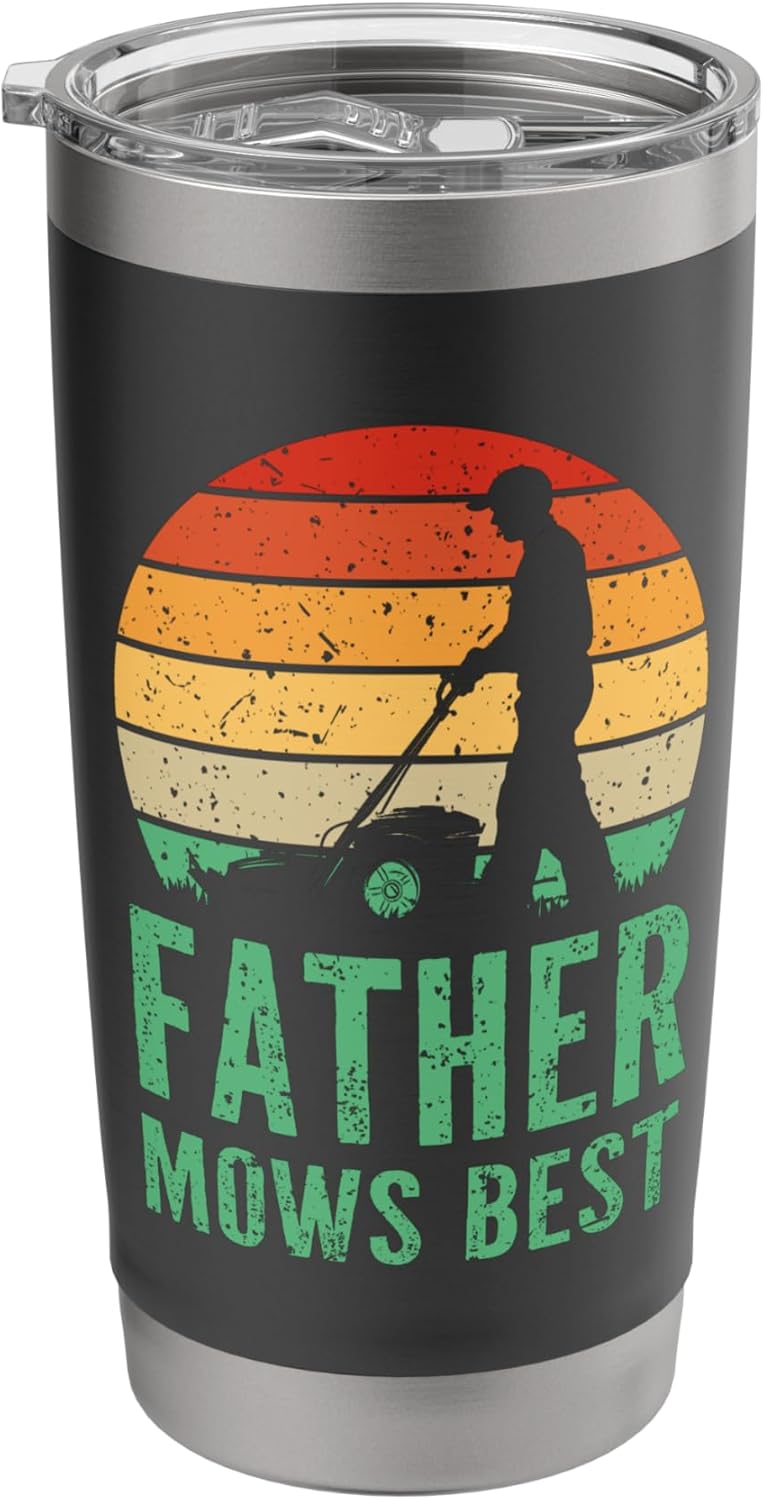 Retro Sunset Father Mows Best Gardener Dad Lawn Care Stainless Steel Insulated Tumbler