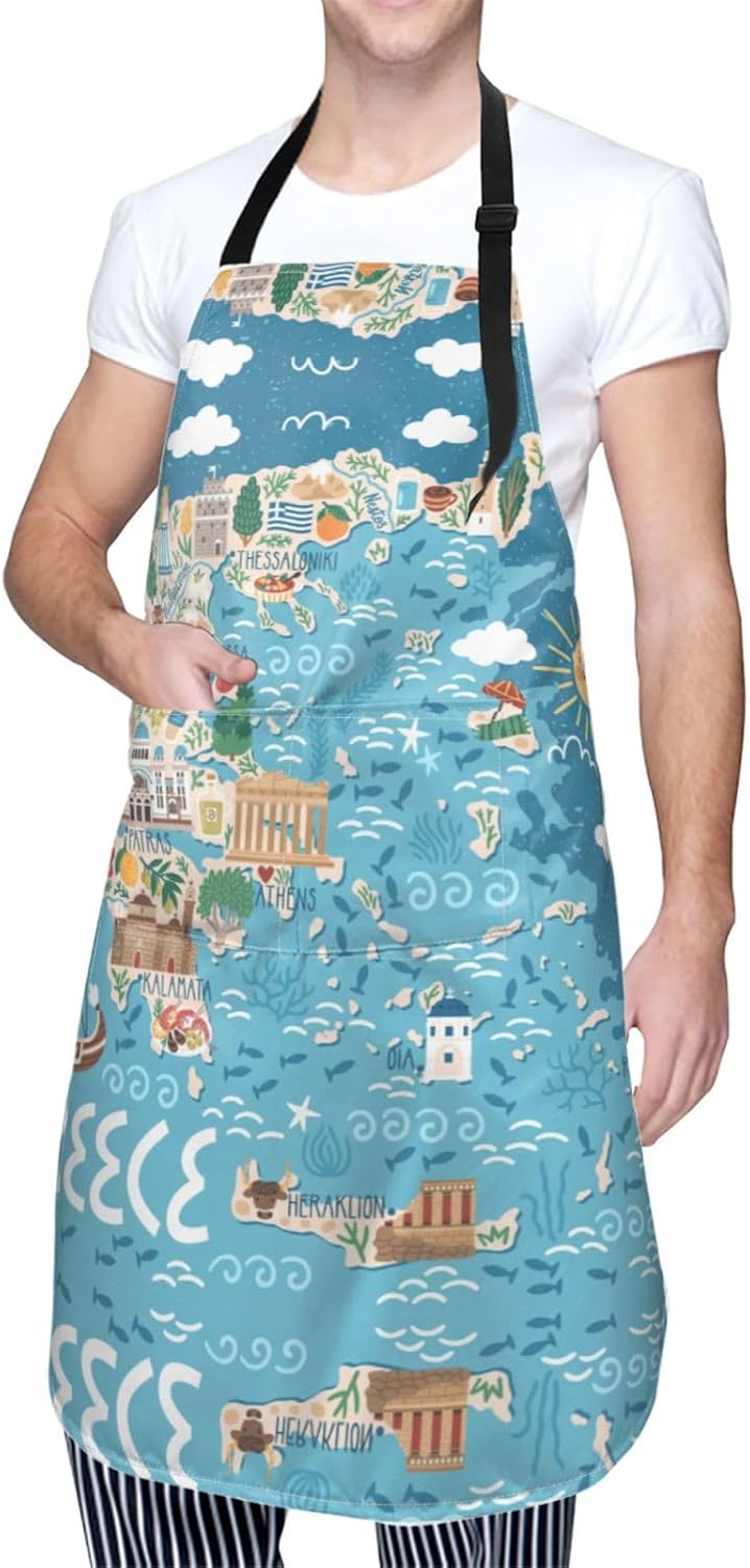 Greece Map print Waterproof apron with pocket adjustable cooking apron for adult kitchen bibs to bake