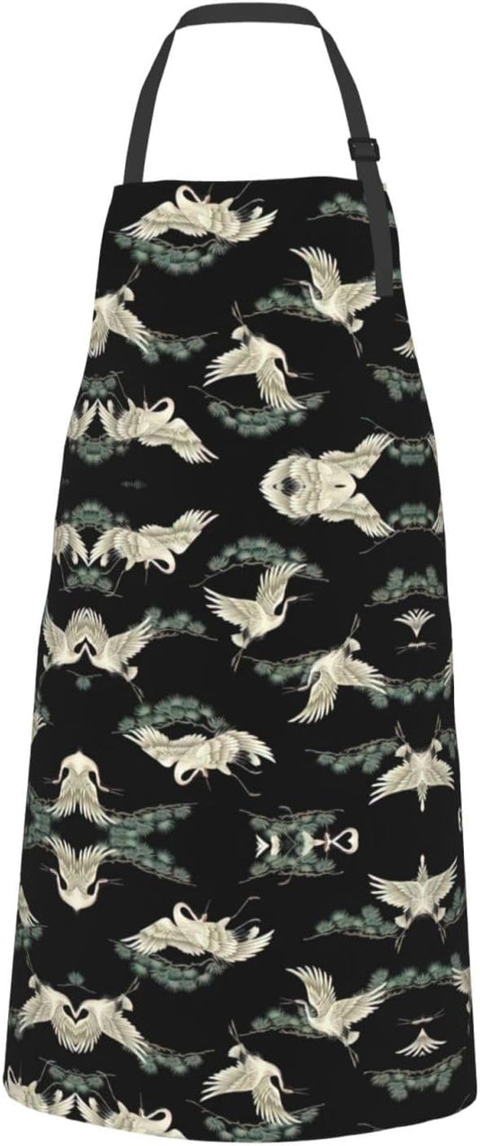 Japanese Crane & Pine print Waterproof apron with pocket adjustable cooking apron for adult kitchen bibs to bake