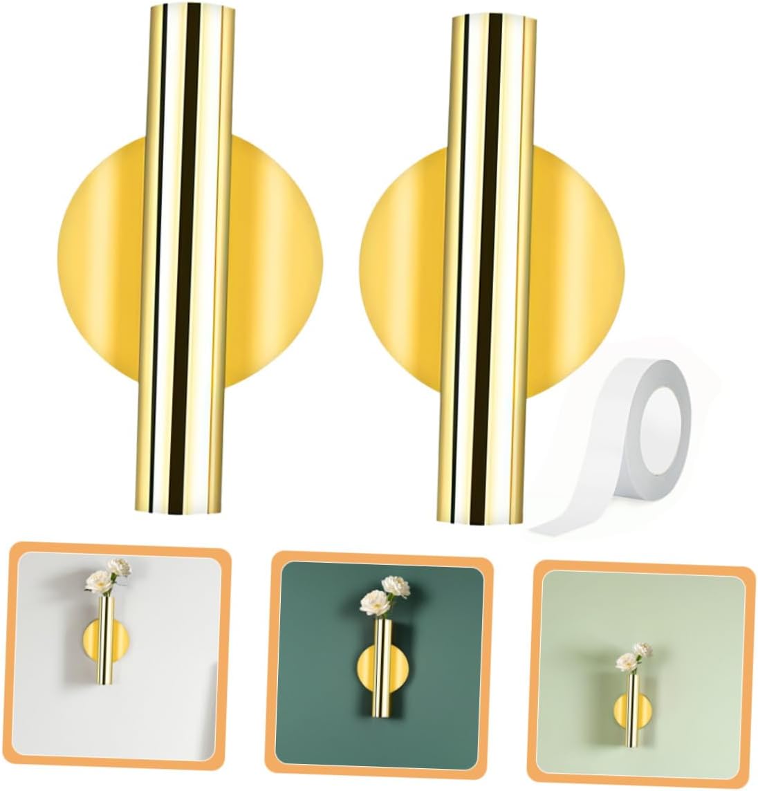 Wall Mounted Flower Vase Gold Floral Tube Metal Planter with Adhesive 