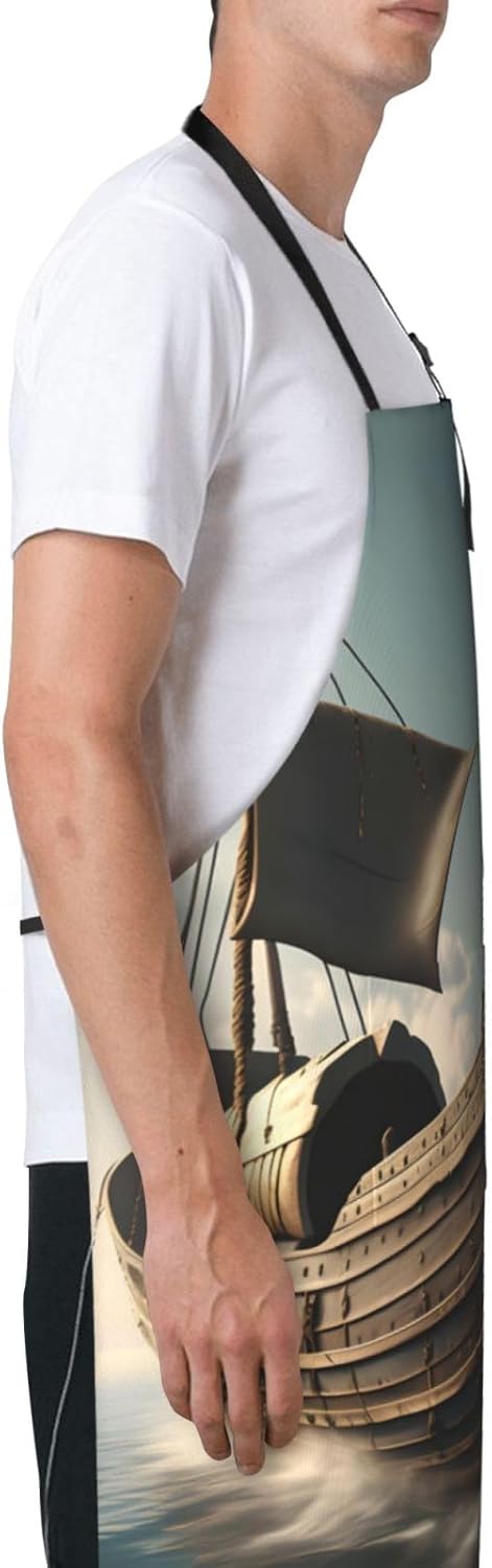 Old Viking Boat Print 28x33 In Adult Kitchen Apron with Pockets Versat