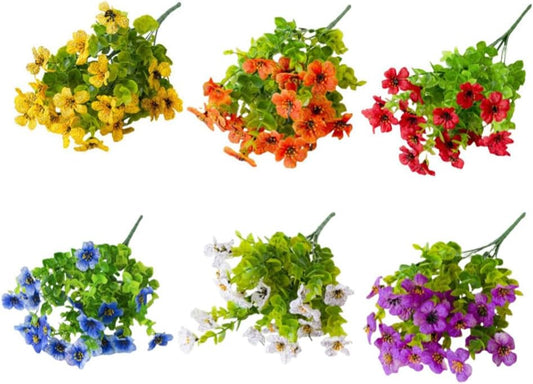 Artificial Faux Plants Flowers Outdoor Spring Summer Decoration, 6 Bundles Faux Silk Flower Mix Daisy Eucalyptus,UV Resistant Plastic Plants & Flowers for Garden Home Pot Planters Decor (6, Mix)