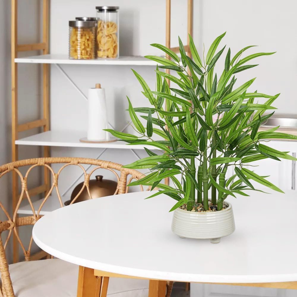 Artificial Bamboo in White Ceramic Potted Fake Bamboo Plant-Faux Tree in Pot for Farmhouse Home Living Room Desk Indoor Outdoor Decor
