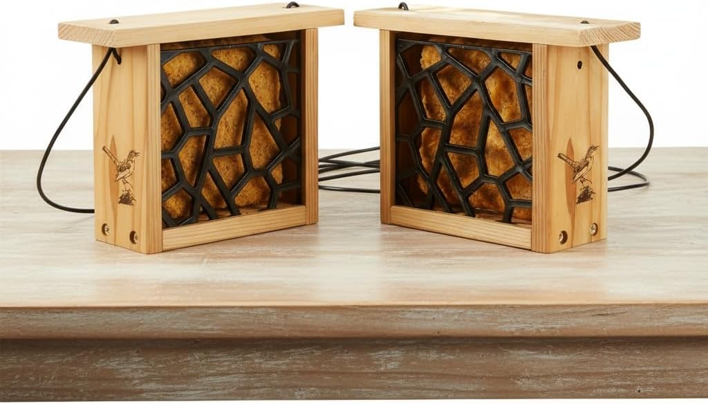 2pk Suet Bird Feeders with 2 Suet Cakes for Outside Clearance - Suet Cake Feeder for Outdoor - Hanging Birdfeeder for Suets - Hanging Cable Wire Weather Ability Cedar Wood Longterm Lasting