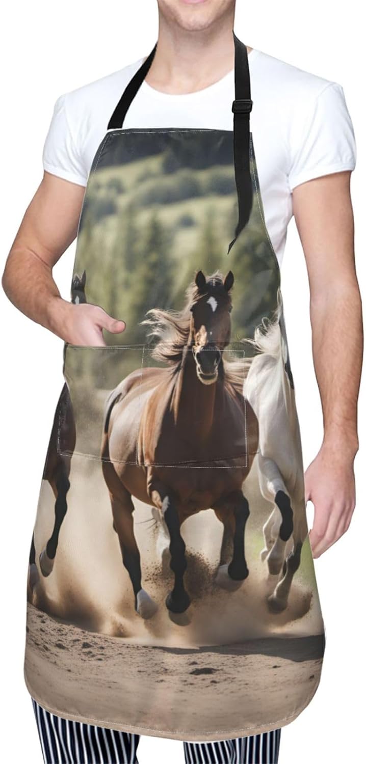 Three running horses print Waterproof chef's apron with pocket apron for kitchen cooking baking barbecue and gardening