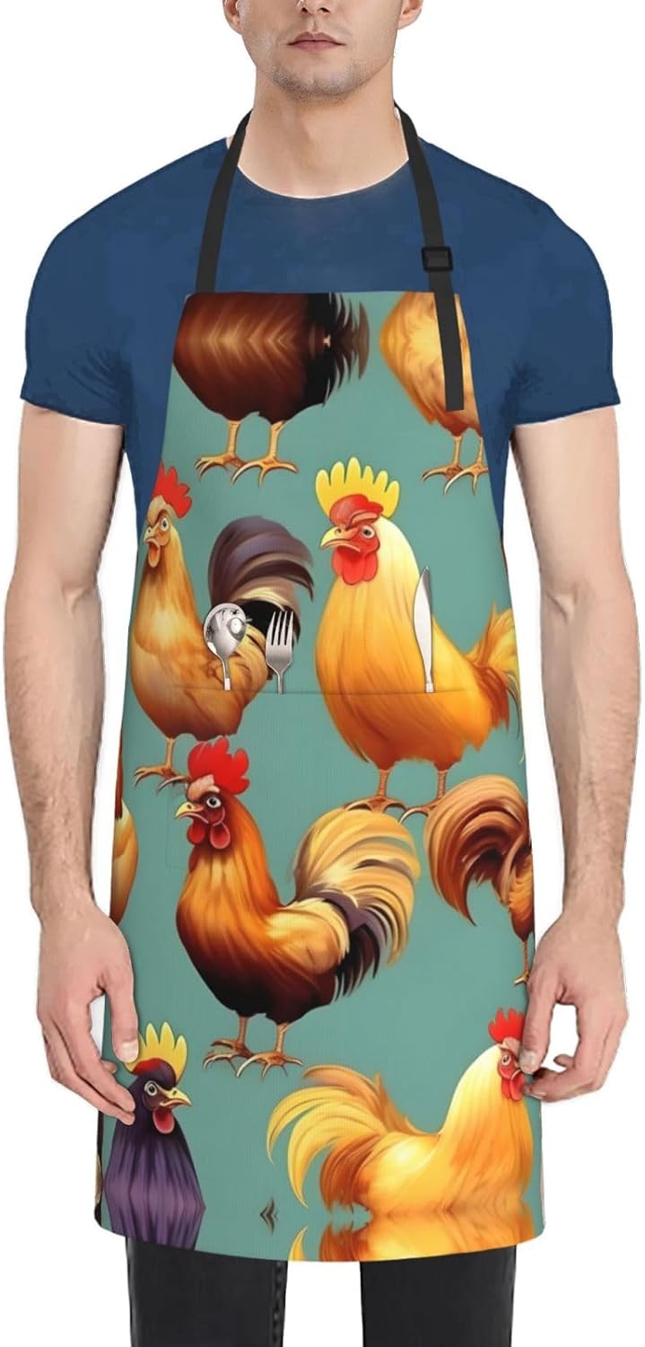 Cute Rooster Chickens Print Laundry apron 28x33 In Waterproof Kitchen Apron with Pockets for Cooking Baking