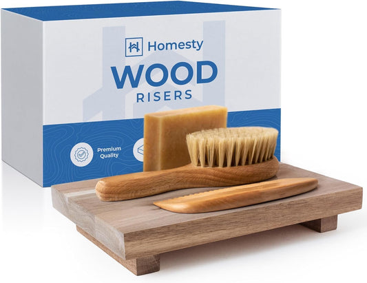 Homesty Wood Risers for Decor - Acacia Wood Tray for Kitchen Counter - Pedestal Stand for Bathroom Counter Decor - Wooden Riser, Dish Soap Tray, Soap Stand (Natural)