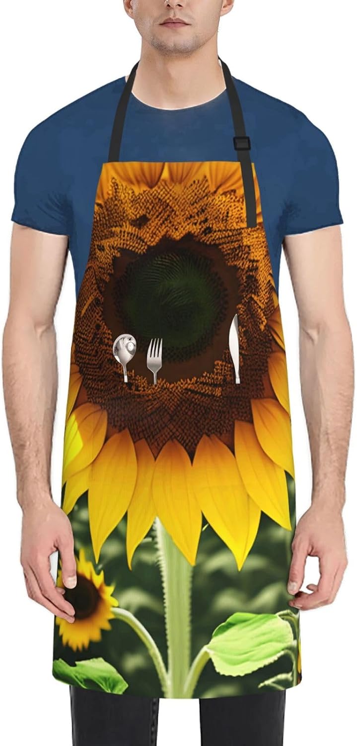 Yellow Sunflower Print 28x33 In Kitchen Apron Stylish Chef Apron with Pockets for Cooking Baking Painting