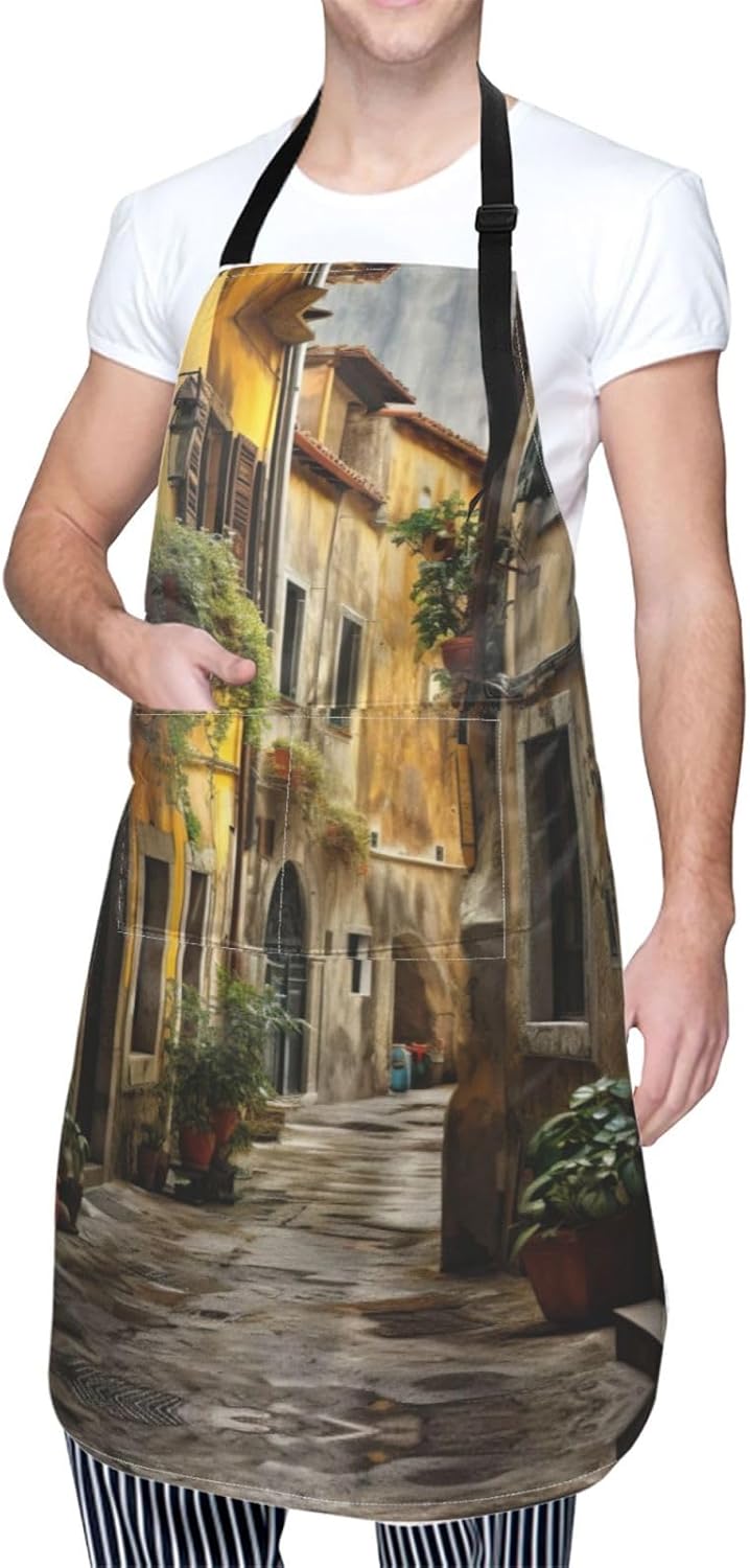 Italian Old Street print Waterproof apron with pocket adjustable cooking apron for adult kitchen bibs to bake