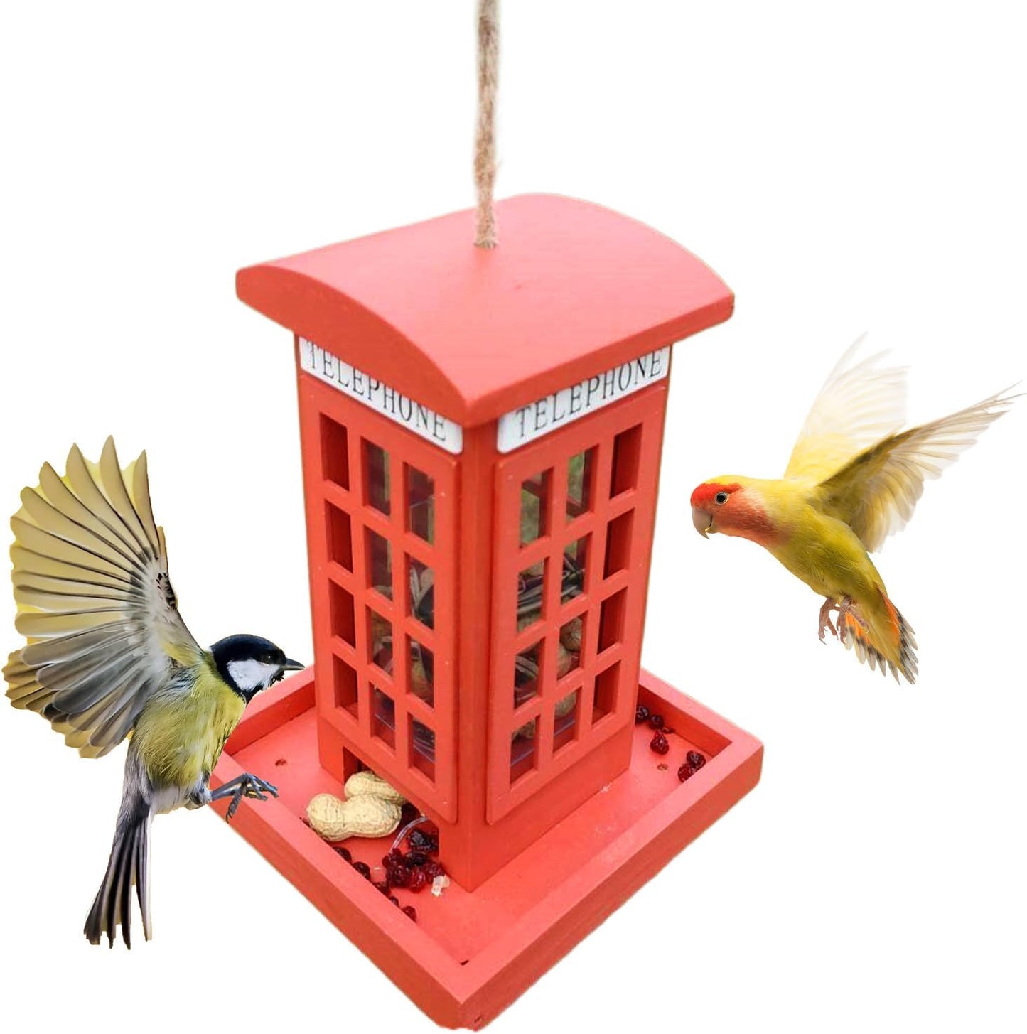 Outdoor Bird Feeder, Wooden Red Telephone Box Spill-Resistant Feeding House for Wild Birds, Garden, Backyard, Balcony, Porch, Yard Décor