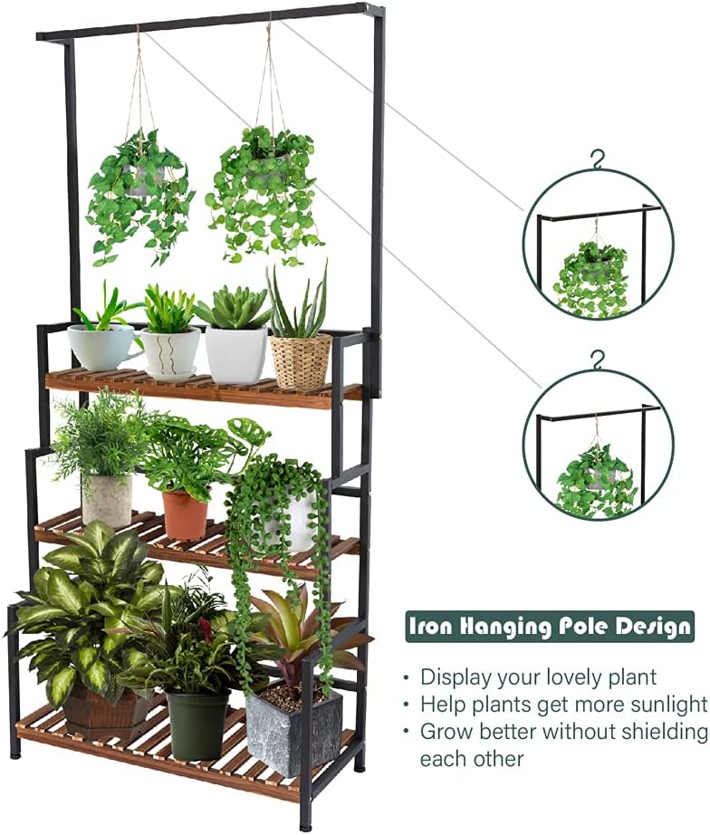 ULIKE Plant Stand Outdoor Indoor Hanging Plant Shelf for Multiple Plants 3 Tier Tall Plant Stand Wood Rack with Metal Frame for Patio Garden Balcony