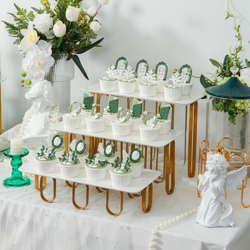 15inch 3 Tier Rectangular Plates with Metal standsy Set, Serving Trays Party Divided Tray, Used for Displaying Vegetables, Fruits and Desserts Cake, Golden and White Version
