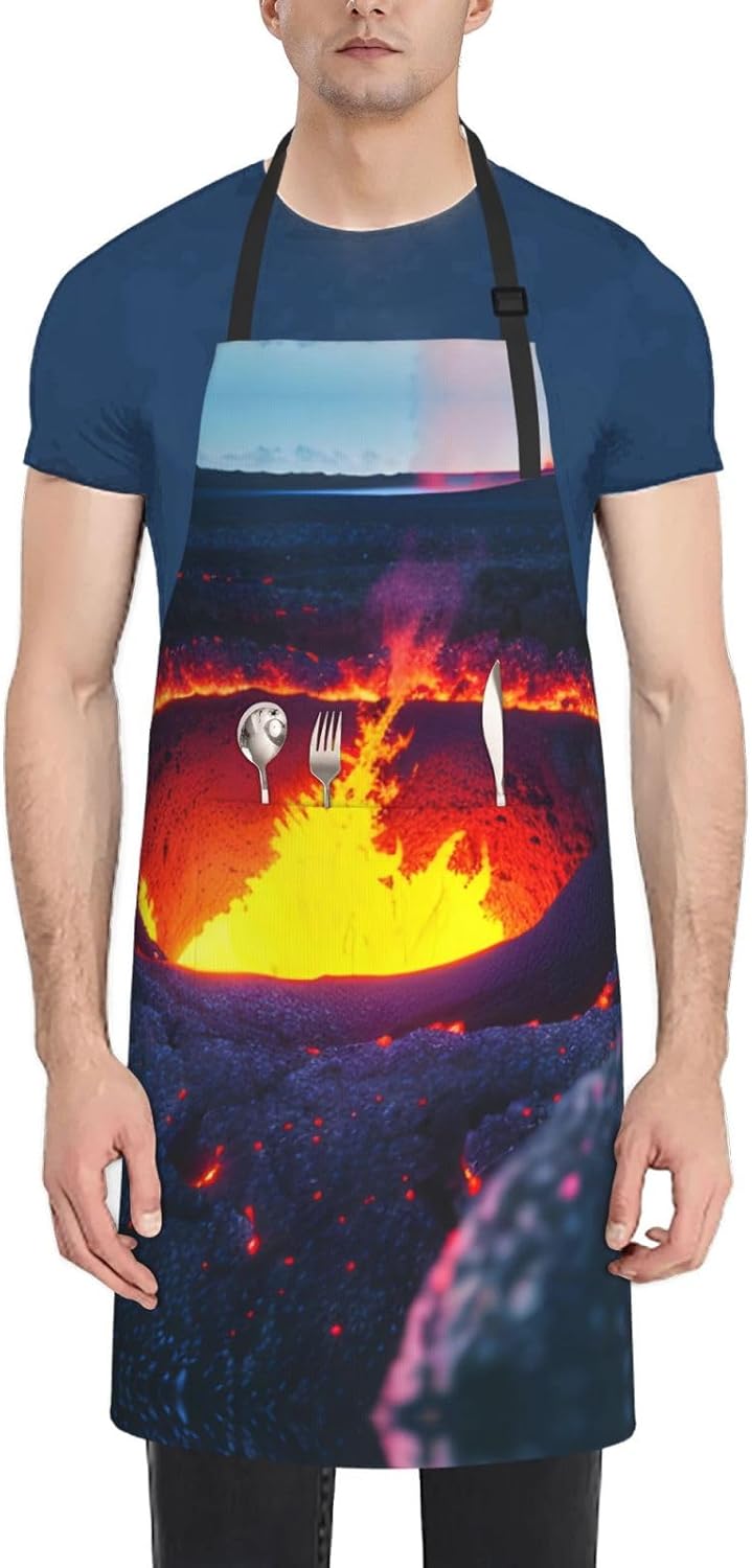Kilauea Volcano Print Laundry apron 28x33 In Waterproof Kitchen Apron with Pockets for Cooking Baking