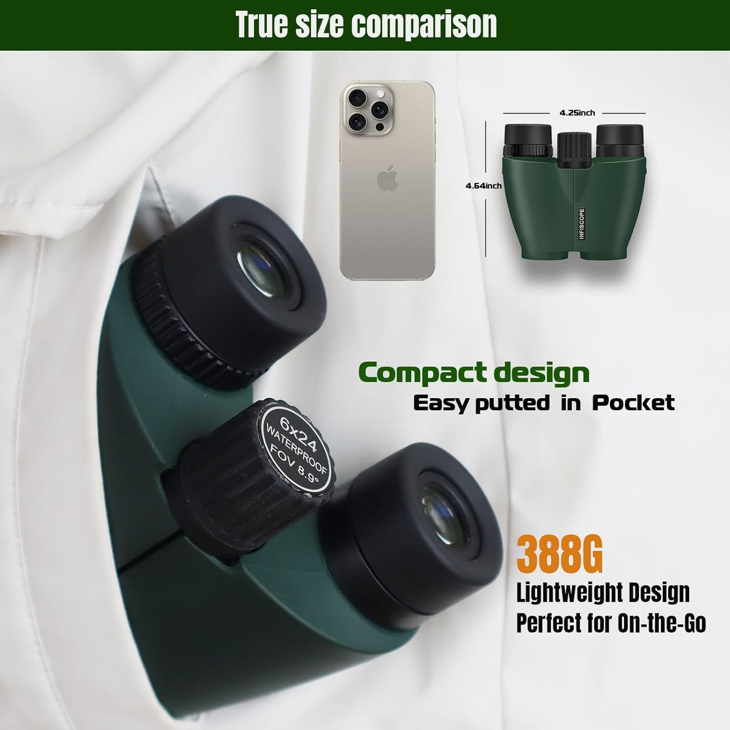 6x24 Compact Binoculars HD - 0.5m Close Focus Waterproof Fog-Proof IPX7,BAK-4 Prism Binoculars for Bird Watching, Hunting & Travel, Twist-Up Eyecups & 388g Lightweight for Adults/Kids