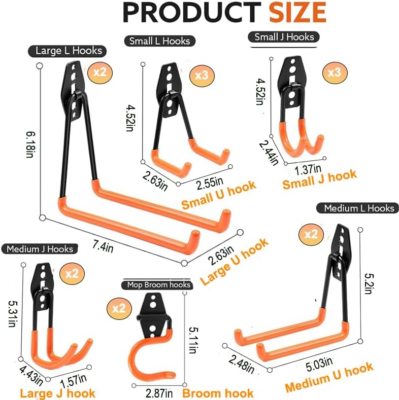 16 Pack Heavy Duty Garage Hooks, Triple Welded Wall Mount Utility Hangers with Extension Straps, 100 Lbs Capacity Utility Hook Tool Organizer for Garage Makeover, Garden, Shed, Hose