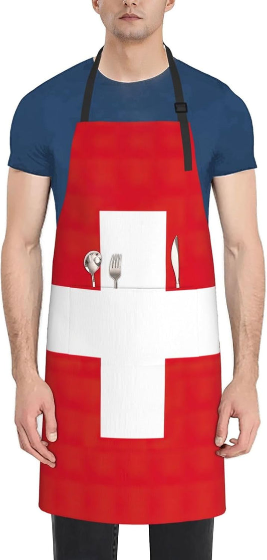 Swiss Flag print Waterproof chef's apron with pocket apron for kitchen cooking baking barbecue and gardening