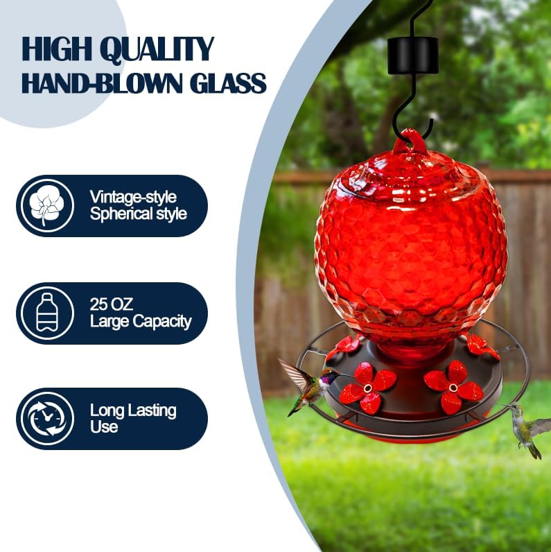 Glass Hummingbirds Feeder for Outdoors Hanging,25 OZ Humming Birds Feeder for Outdoors,Hummingbird Gifts,Gardening Gifts for Women