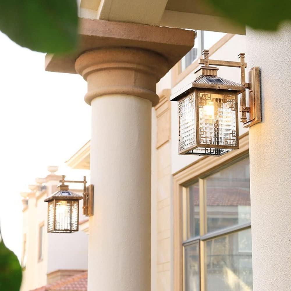 Outdoor Solar Villa Garden Wall Lamp E27 Led Waterproof Lantern Chinese Countryside Lights Vintage Sconce(Black)