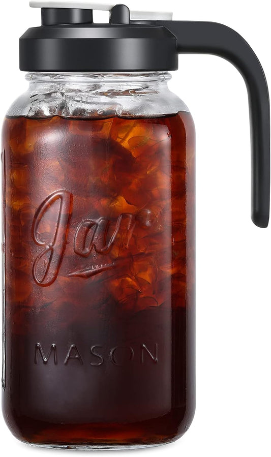 2 Quart Glass Pitcher with Lid - Mason Jar Pitcher with Filter Lid, Wide Mouth Jar Leak-proof Water Jug, Heavy Duty Glass Container for Water, Juice, Milk, Tea, Iced Coffee, and Drinks