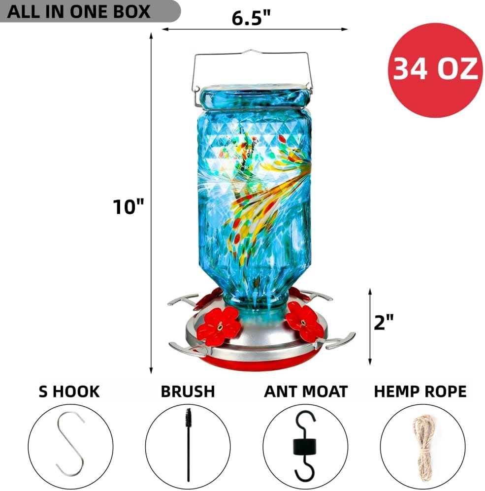 Hand Blown Glass Hummingbird Feeder for Outdoors Hanging Square Chanin