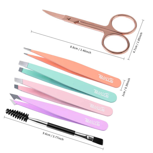 TsMADDTs 6 pcs Tweezers Set for Women, Eyebrow Tweezers with Curved Sc