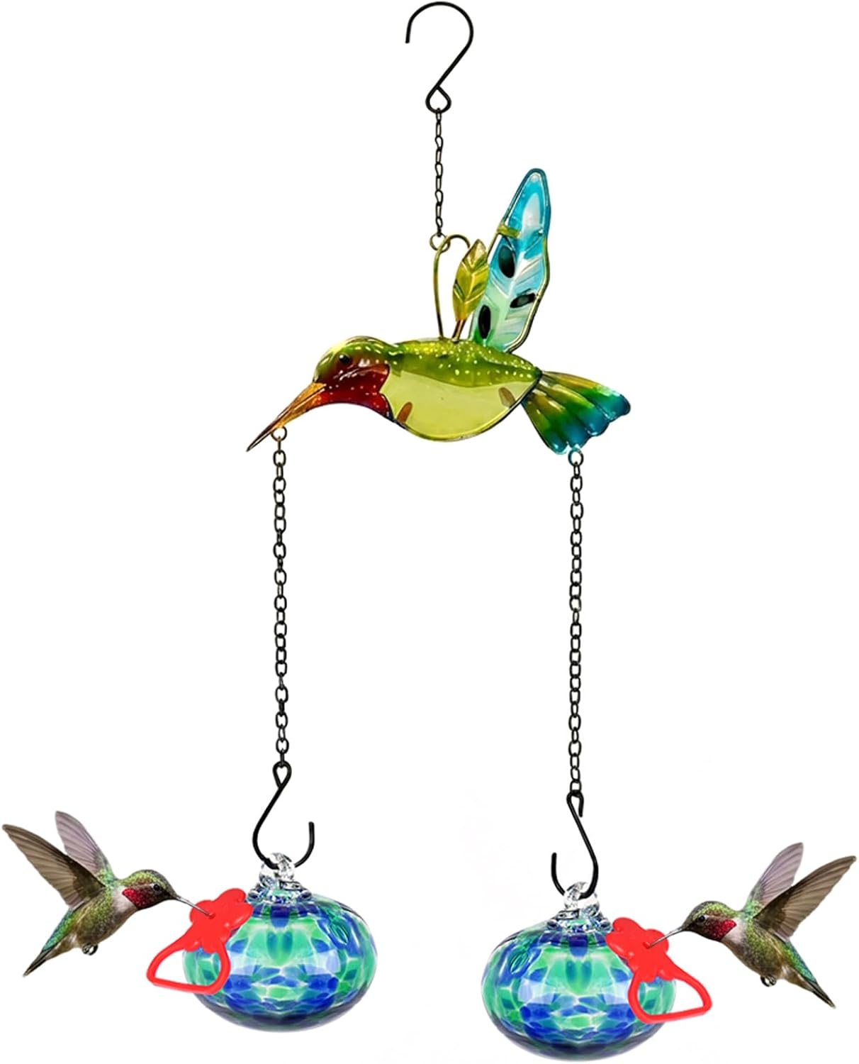 Hand Blown Glass Hummingbird Feeder–Unique Hummingbird Feeders for Outdoors Hanging with Hummingbird Orament and Upgraded Sturdy Iron Chains,Hand-Painted Art for Garden Yard Decor(Red)