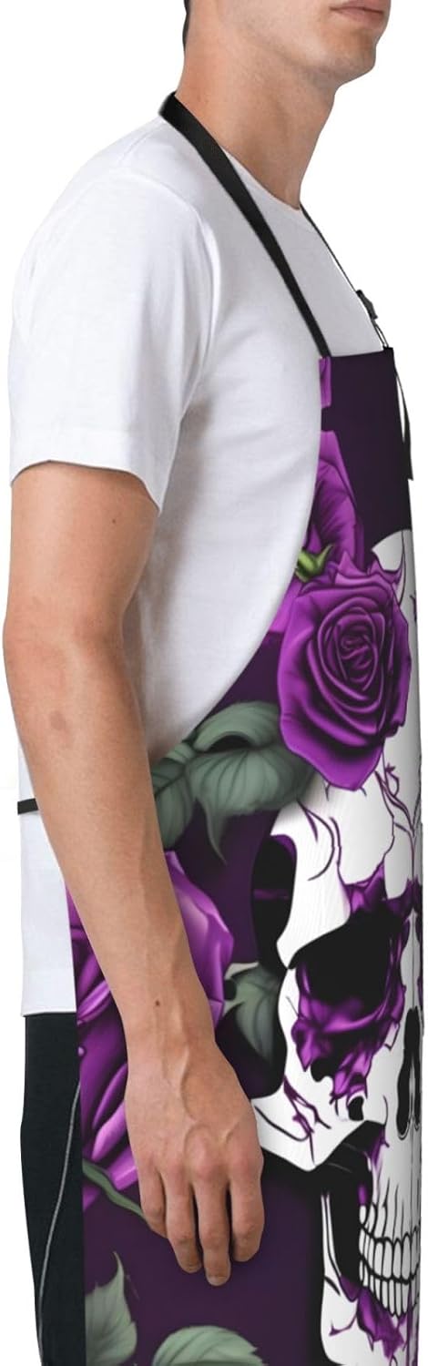 Purple Rose skeleton Print 28x33 In Adult Kitchen Apron with Pockets Versatile Chef Smock for Cooking Baking