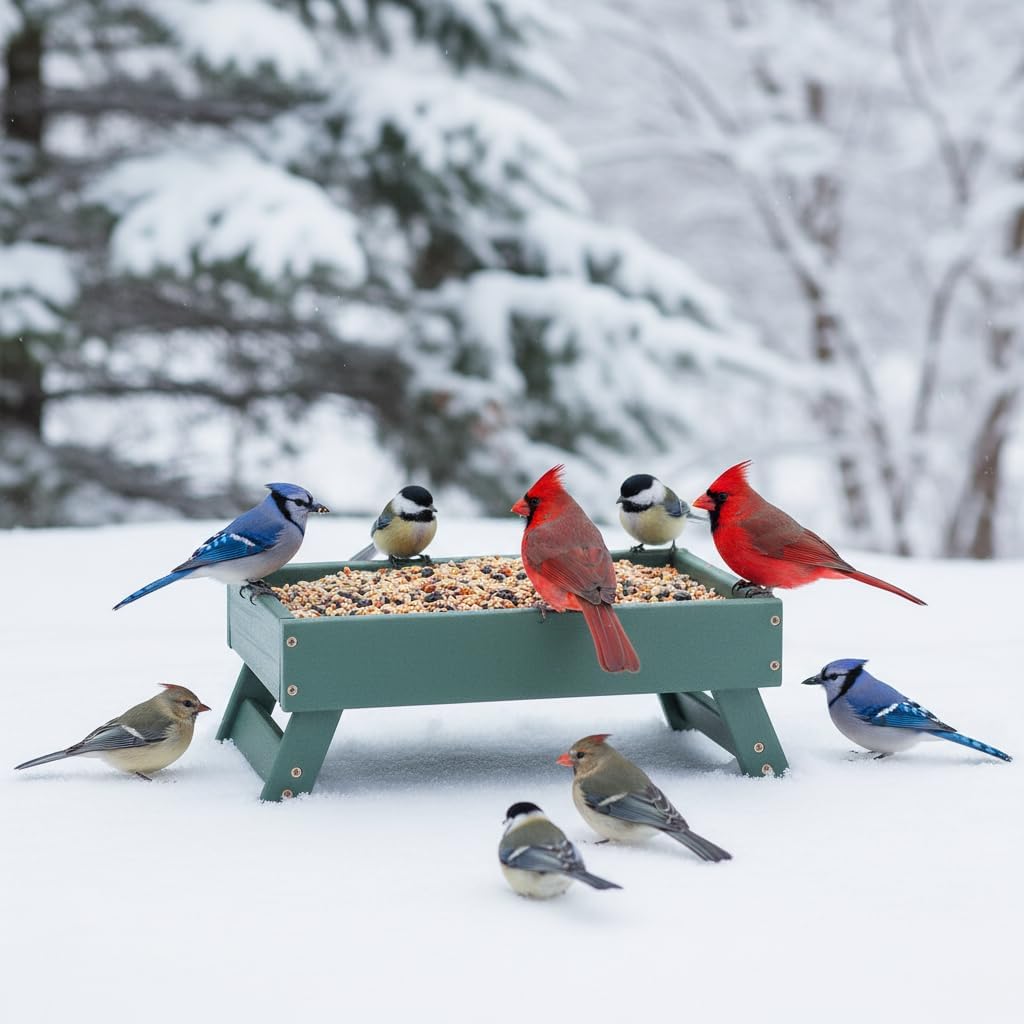 Ground Bird Feeder Tray with Metal Mesh, 5 lb Large Capacity Platform Feeder for Cardinals Blue Jays Doves, Recycled Plastic Outdoor Bird Feeder Stand for Backyard Wild Birds, Squirrels & Chickens