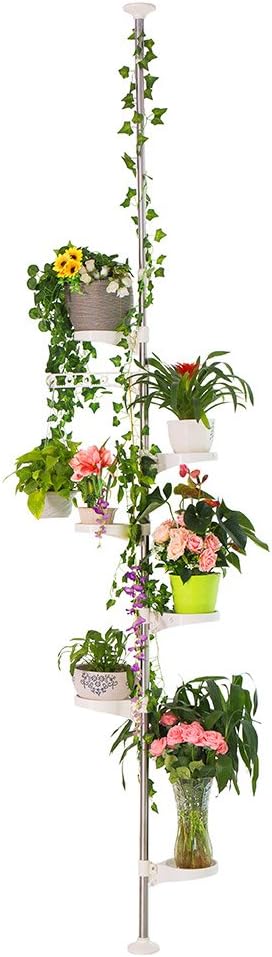 BAOYOUNI 7-Layer Indoor Plant Stands Spring Tension Pole Metal Flower Display Rack Space Saver Corner Floral Pot Hanger Shelf, Ivory