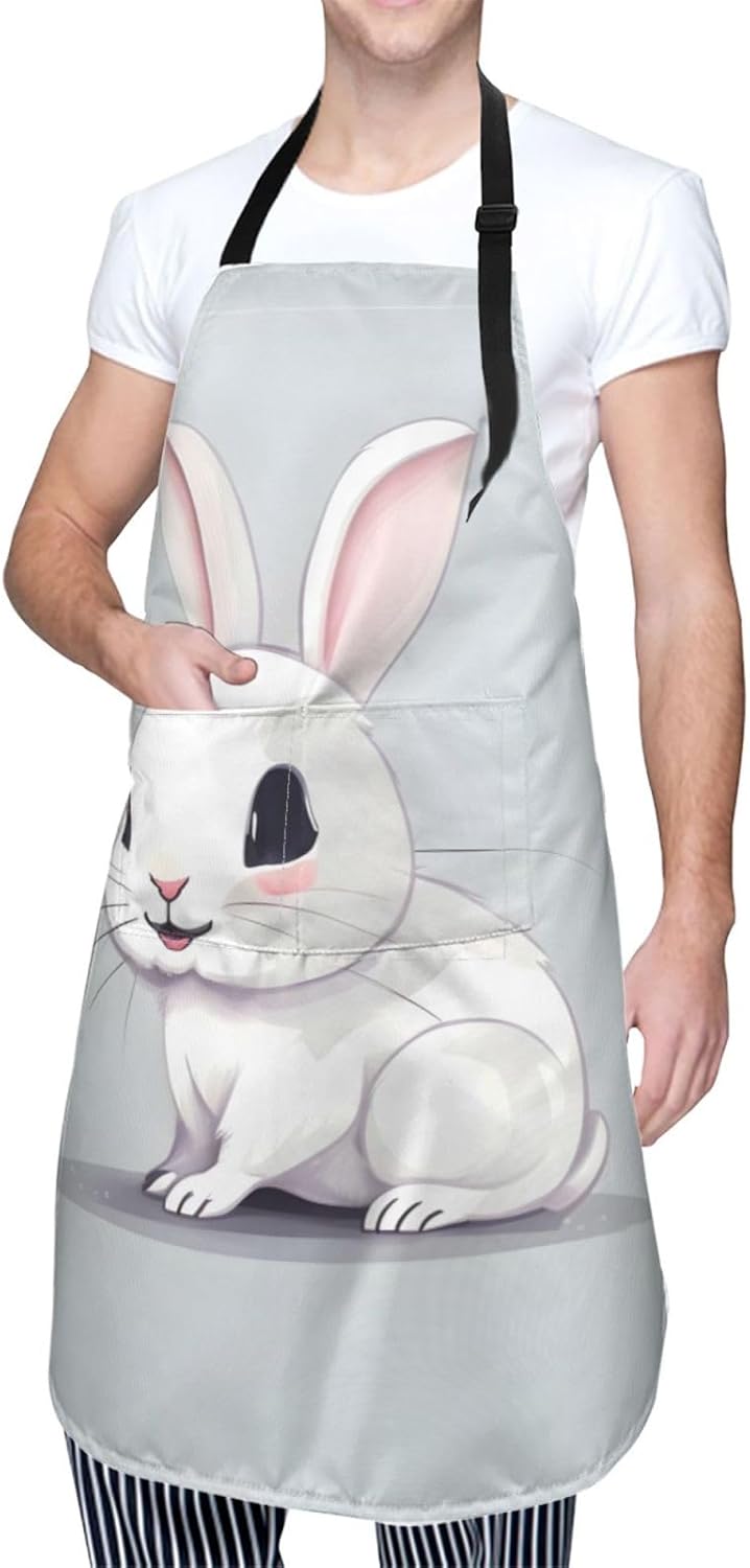 Cute White Rabbit Print Laundry apron 28x33 In Waterproof Kitchen Apron with Pockets for Cooking Baking